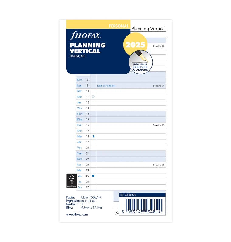 Recharge Agenda FILOFAX 2025 - Personal, Planning Annuel Vertical (français) - Mensuel - Personal - 5059145534814