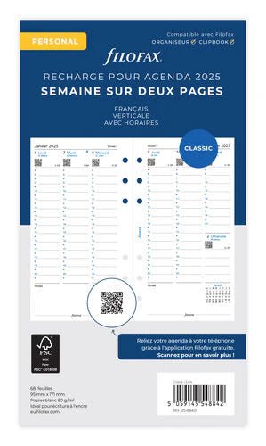 Recharge Agenda FILOFAX 2025 - Personal, Semaine sur Deux Pages (français) - 1 semaine sur 2 pages - Personal - 5059145548842