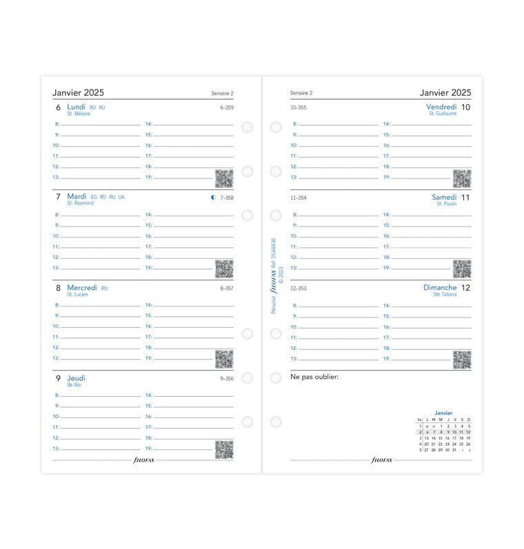 Recharge Agenda FILOFAX 2025 - Personal, Semaine sur Deux Pages (français) - 1 semaine sur 2 pages - Personal - 5059145548941