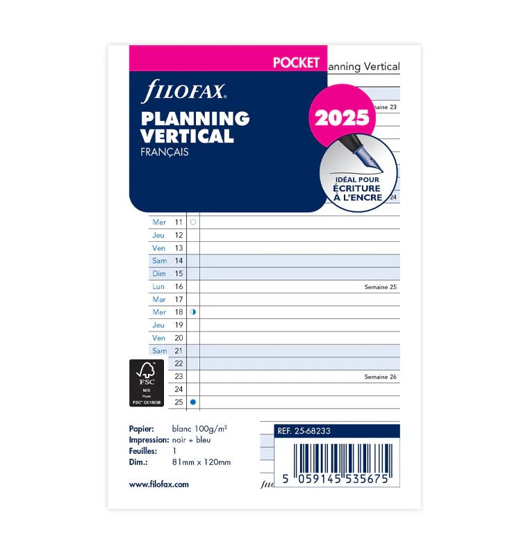 Recharge Agenda FILOFAX 2025 - Pocket, Planning Annuel Vertical (français) - Mensuel - Pocket - 5059145535675
