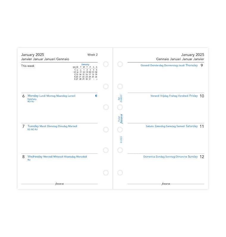 Recharge Agenda FILOFAX 2025 - Pocket, Semaine sur Deux Pages (multilingue) - 1 semaine sur 2 pages - Pocket - 5059145547944