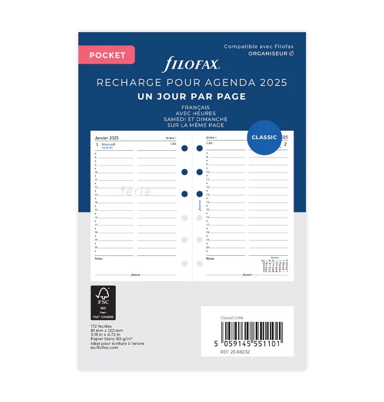 Recharge Agenda FILOFAX 2025 - Pocket, Un Jour par Page (français) - 1 jour par page - Pocket - 5059145551101