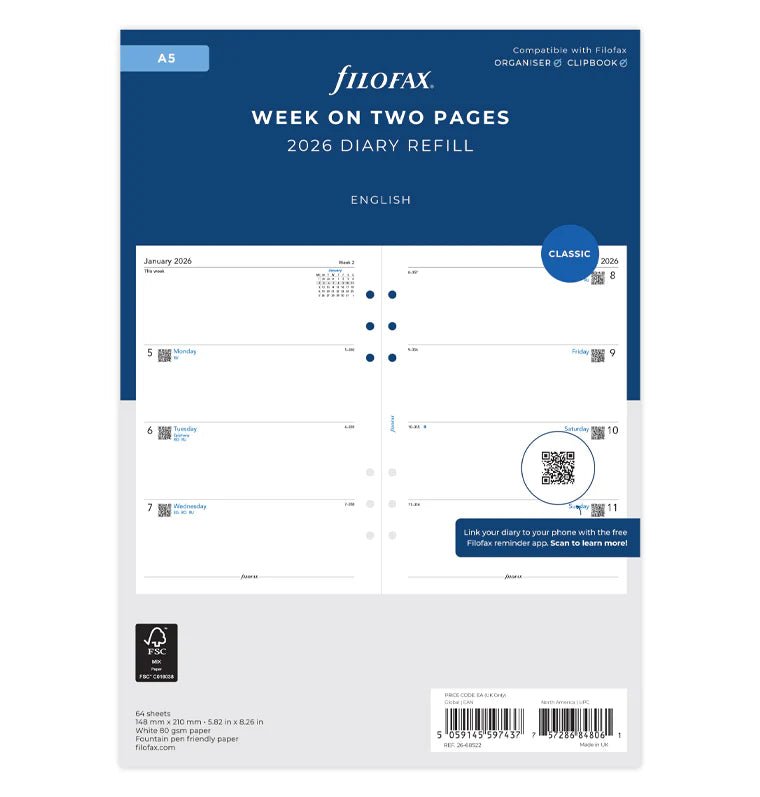 Recharge agenda FILOFAX 2026 - A5 - Semaine sur deux pages (anglais) - 5059145597437
