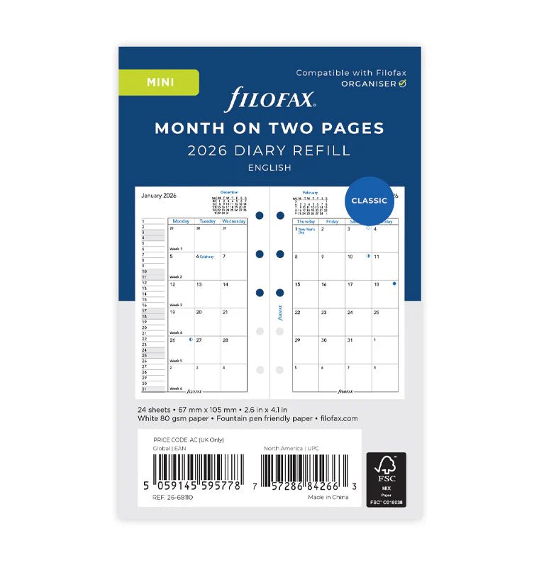 Recharge agenda FILOFAX 2026 - Mini - Mois sur deux pages (anglais) - 5059145595778