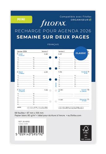 Recharge agenda FILOFAX 2026 - Mini - Semaine sur deux pages (français) - 5059145595792