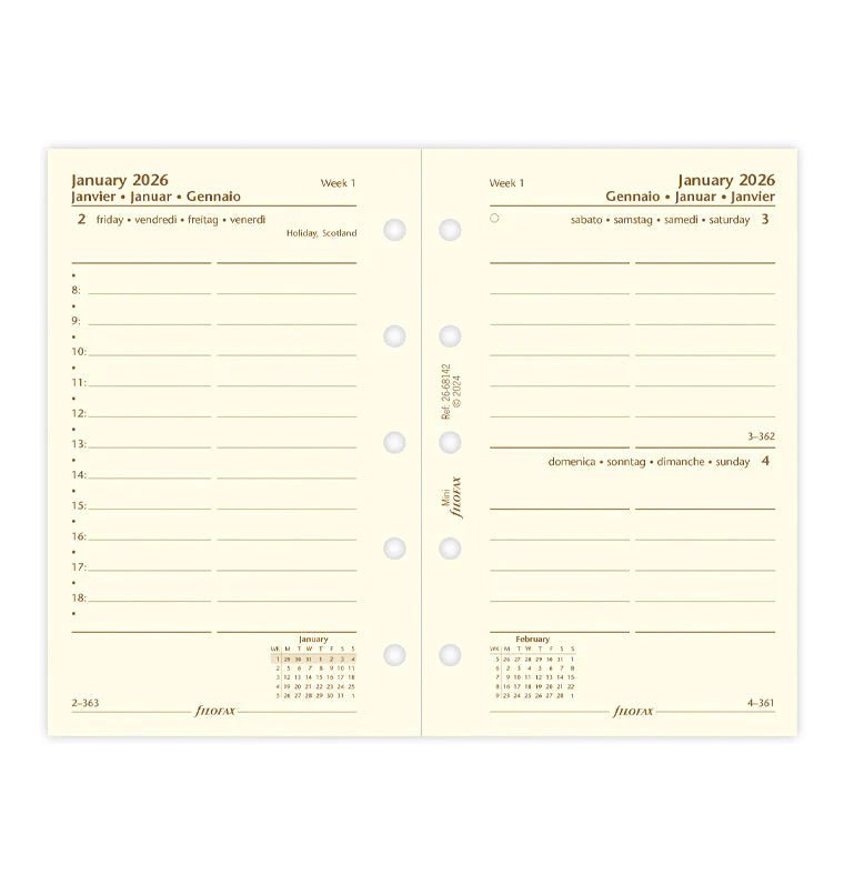 Recharge agenda FILOFAX 2026 - Mini - Un jour par page (multilingue) - 5059145595914