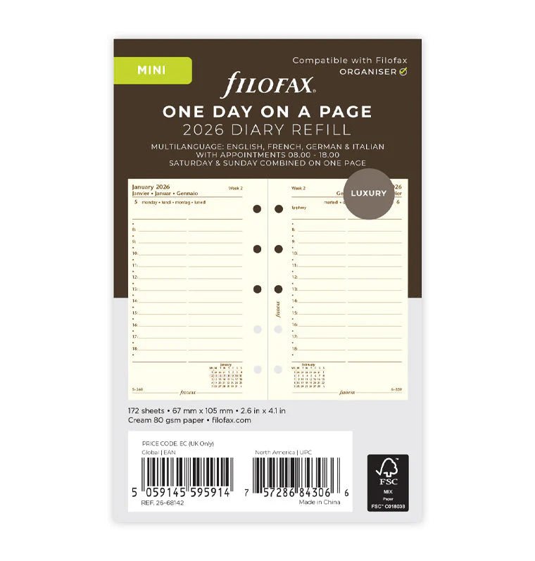 Recharge agenda FILOFAX 2026 - Mini - Un jour par page (multilingue) - 5059145595914