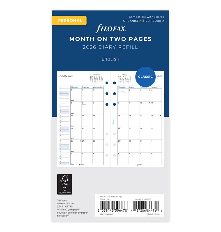 Recharge agenda FILOFAX 2026 - Personal - Mois sur deux pages (anglais) - 5059145596478