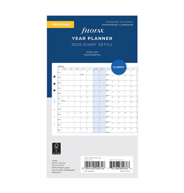 Recharge agenda FILOFAX 2026 - Personal - Planning annuel horizontal (anglais) - 5059145550746