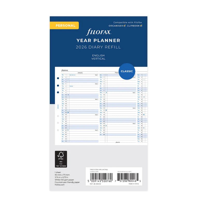 Recharge agenda FILOFAX 2026 - Personal - Planning annuel vertical (anglais) - 5059145550760