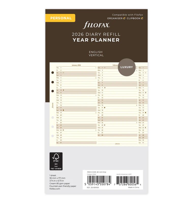 Recharge agenda FILOFAX 2026 - Personal - Planning annuel vertical (anglais) - 5059145550784