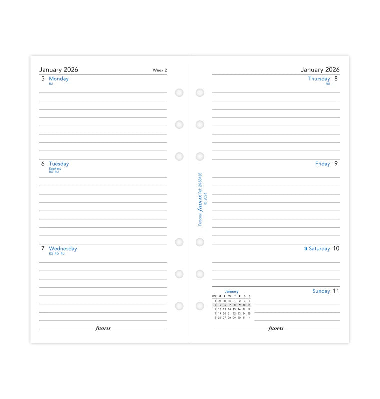 Recharge agenda FILOFAX 2026 - Personal - Semaine sur deux pages (anglais) - 5059145596515