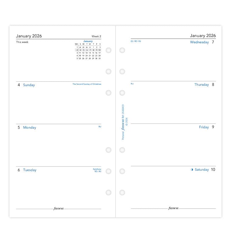 Recharge agenda FILOFAX 2026 - Personal - Semaine sur deux pages (anglais) - 5059145596539