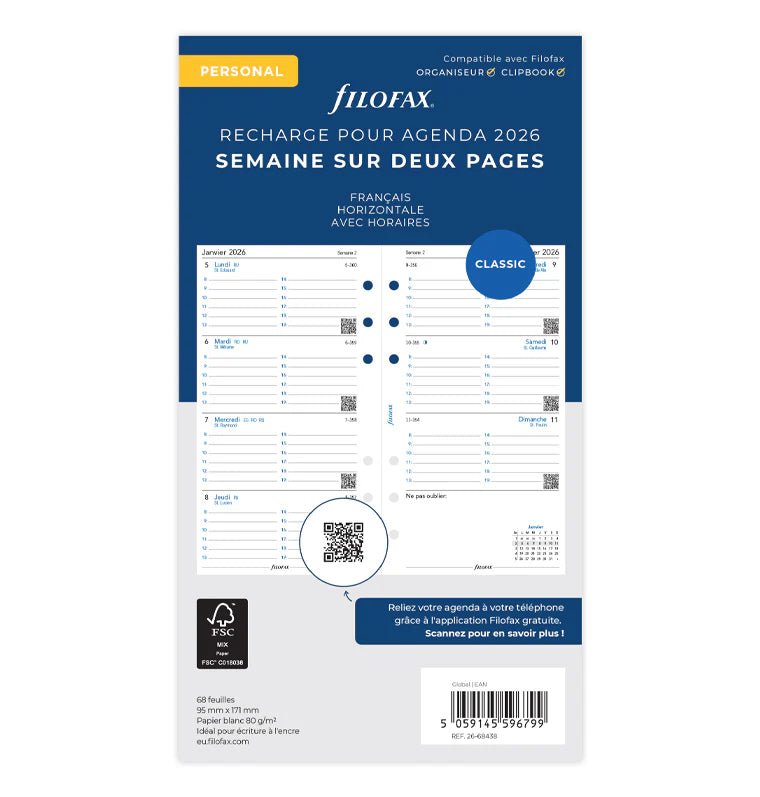 Recharge agenda FILOFAX 2026 - Personal - Semaine sur deux pages (français) - 5059145596799