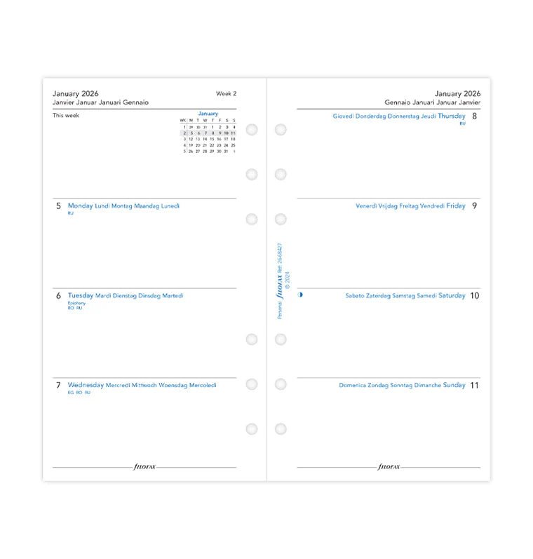 Recharge agenda FILOFAX 2026 - Personal - Semaine sur deux pages (multilingue) - 5059145596690