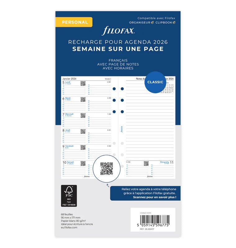 Recharge agenda FILOFAX 2026 - Personal - Semaine sur une page + page de notes (français) - 5059145596775