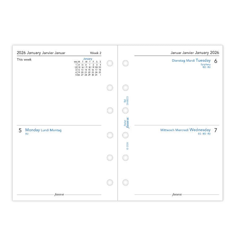 Recharge agenda FILOFAX 2026 - Pocket - Deux jours par page (multilingue) - 5059145596034