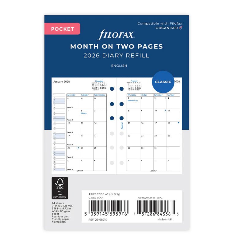 Recharge agenda FILOFAX 2026 - Pocket - Mois sur deux pages (anglais) - 5059145595976