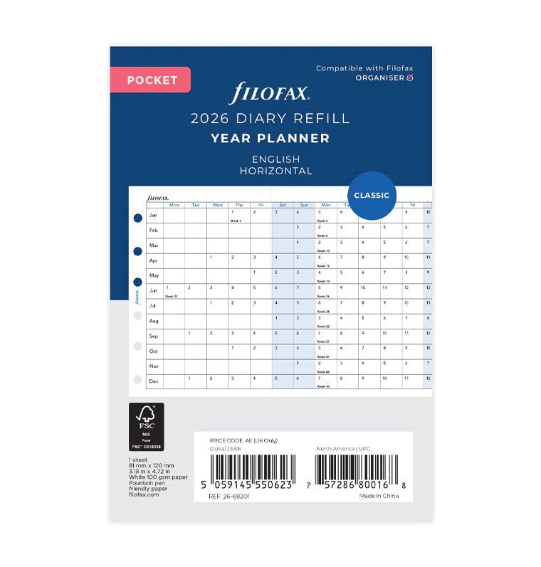 Recharge agenda FILOFAX 2026 - Pocket - Planning annuel horizontal (anglais) - 5059145550623