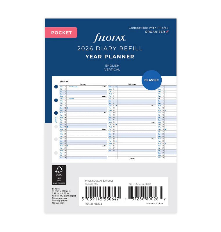 Recharge agenda FILOFAX 2026 - Pocket - Planning annuel vertical (anglais) - 5059145550647