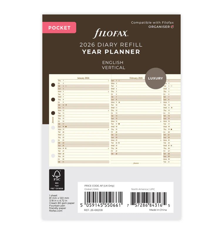 Recharge agenda FILOFAX 2026 - Pocket - Planning annuel vertical (anglais) - 5059145550661