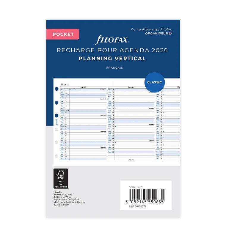 Recharge Agenda FILOFAX 2026 - Pocket, Planning Annuel Vertical (français) - Mensuel - Pocket - 5059145550685