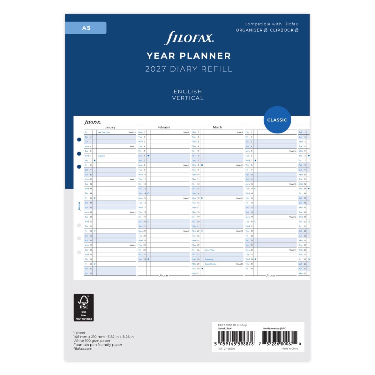 Recharge agenda FILOFAX 2027 - A5 - Planning annuel vertical (anglais) - 5059145598878