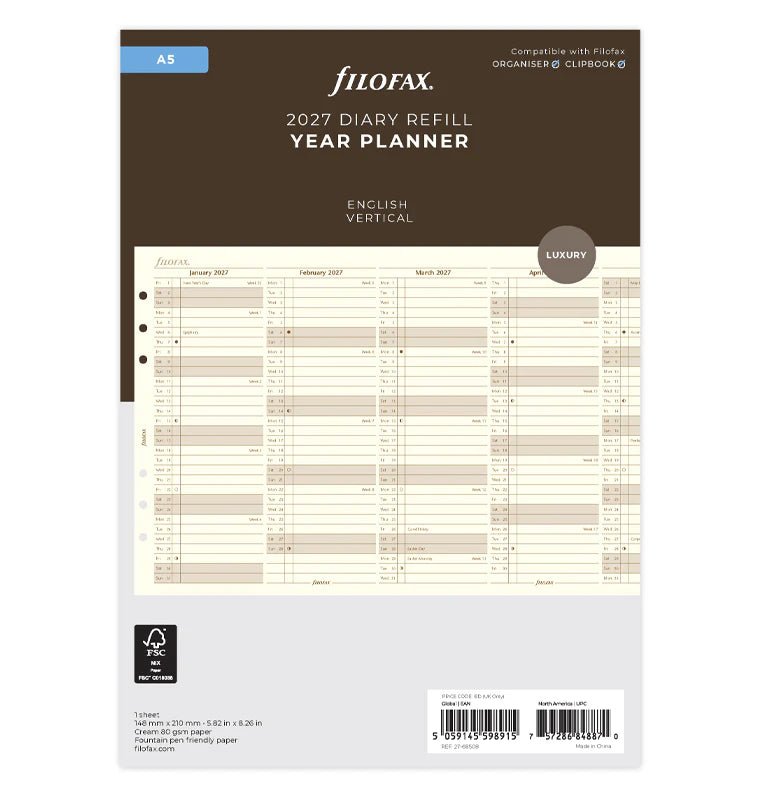 Recharge agenda FILOFAX 2027 - A5 - Planning annuel vertical (anglais) - 5059145598915