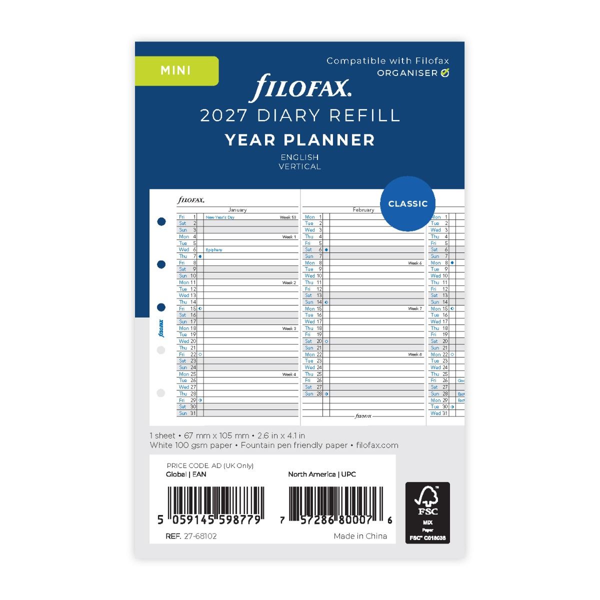 Recharge agenda FILOFAX 2027 - Mini - Planning annuel vertical (anglais) - 5059145598779