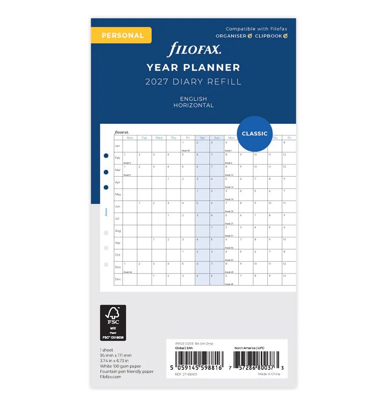 Recharge agenda FILOFAX 2027 - Personal - Planning annuel horizontal (anglais) - 5059145598816
