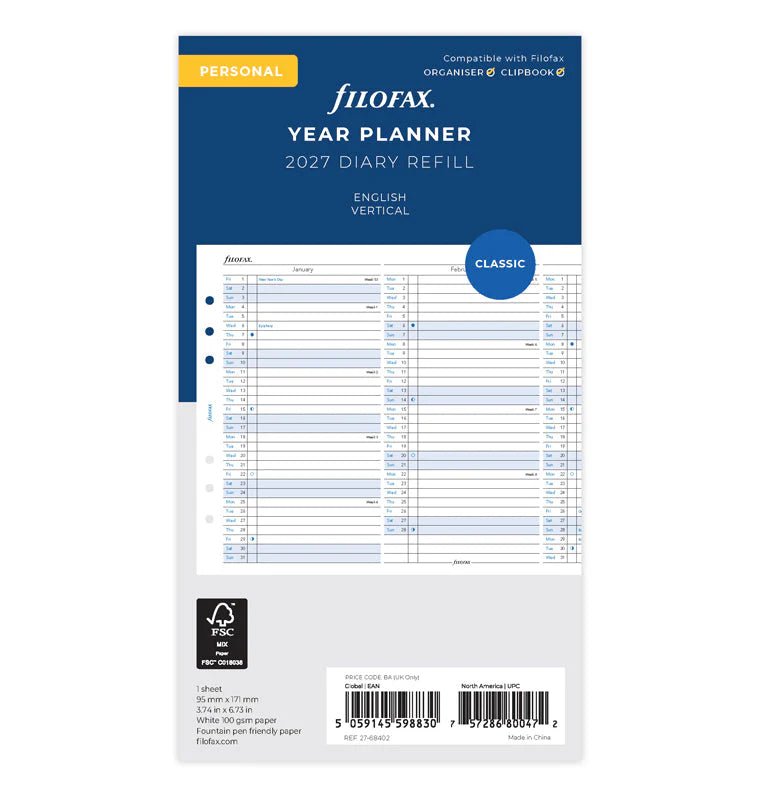 Recharge agenda FILOFAX 2027 - Personal - Planning annuel vertical (anglais) - 5059145598830