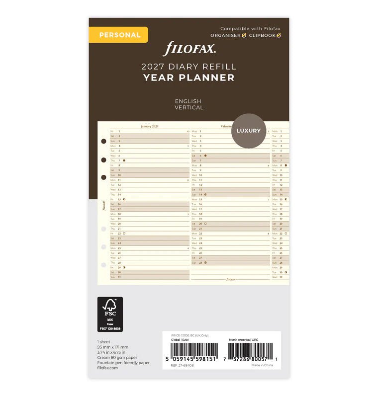 Recharge agenda FILOFAX 2027 - Personal - Planning annuel vertical (anglais) - 5059145598151