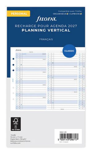 Recharge agenda FILOFAX 2027 - Personal - Planning annuel vertical (français) - 5059145598717