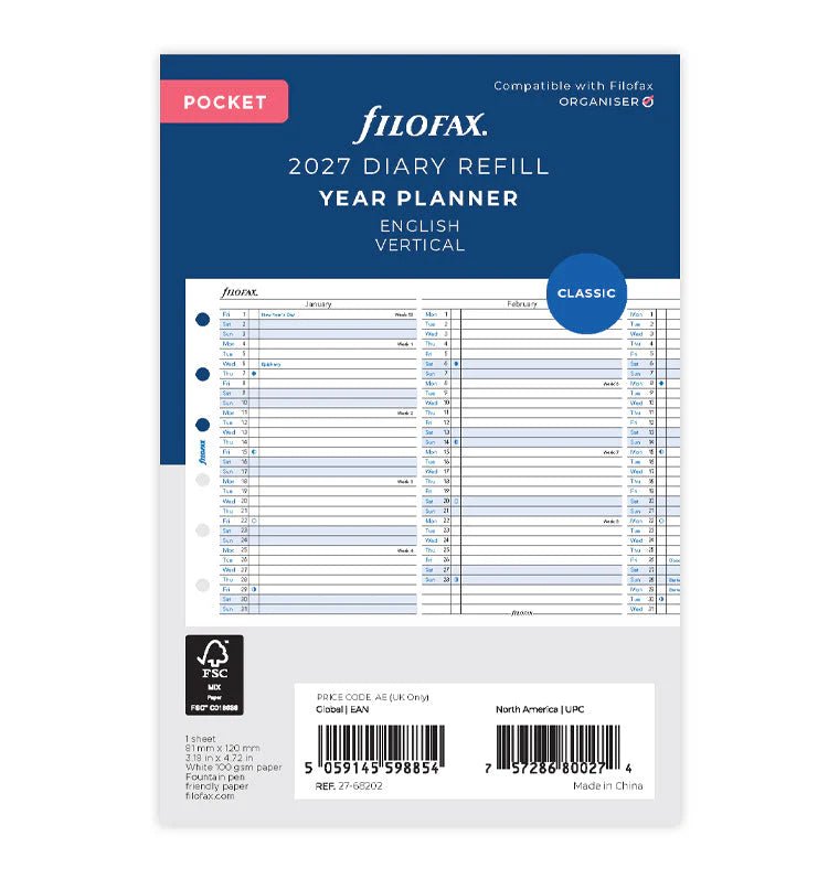 Recharge agenda FILOFAX 2027 - Pocket - Planning annuel vertical (anglais) - 5059145598854