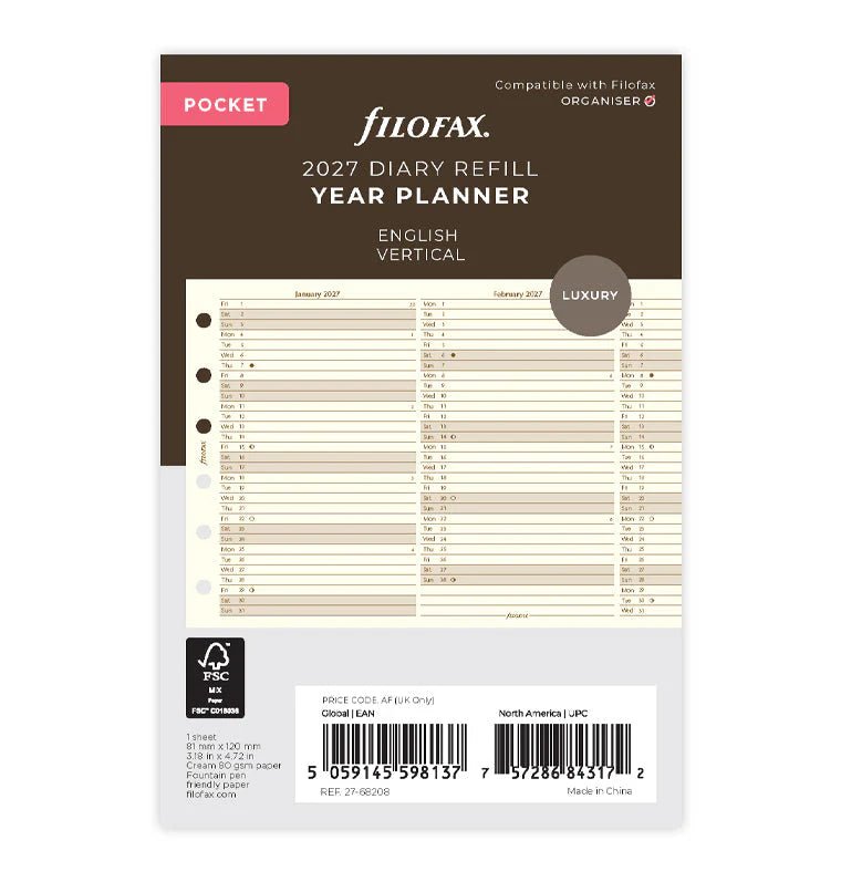 Recharge agenda FILOFAX 2027 - Pocket - Planning annuel vertical (anglais) - 5059145598137