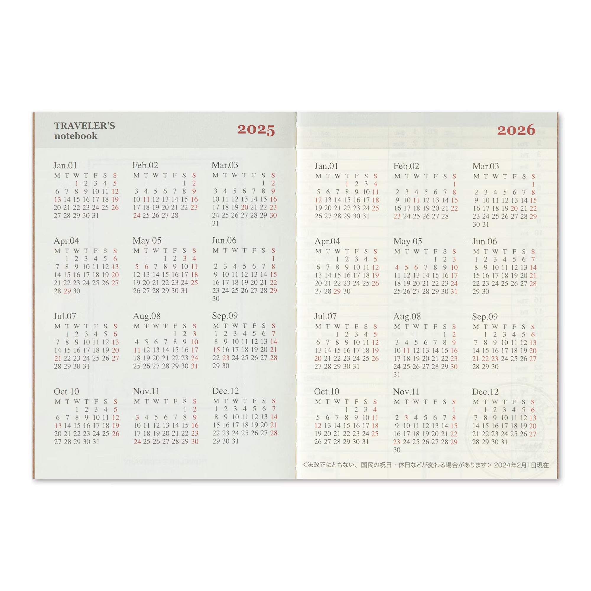 TRAVELER'S notebook - agenda semainier 2025 (passport size) - TN Passport size - 1 semaine sur 2 pages - 